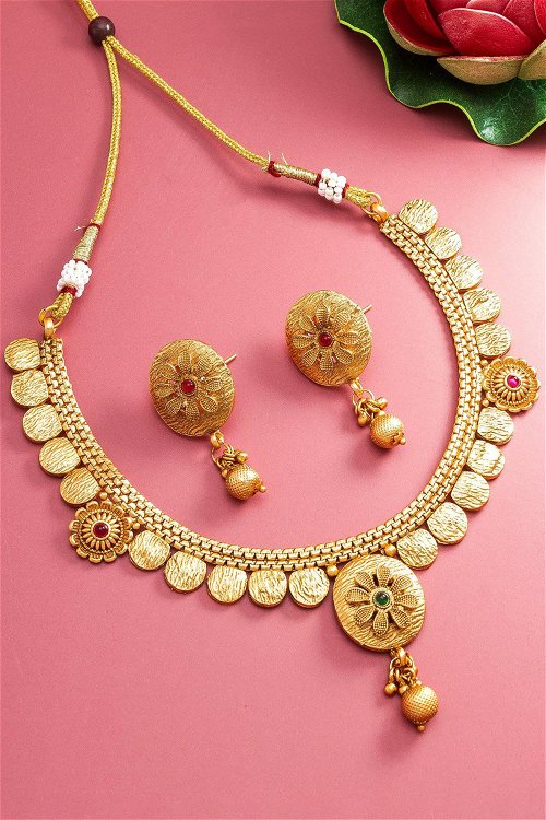 Golden Alloy Necklace Set with Stone