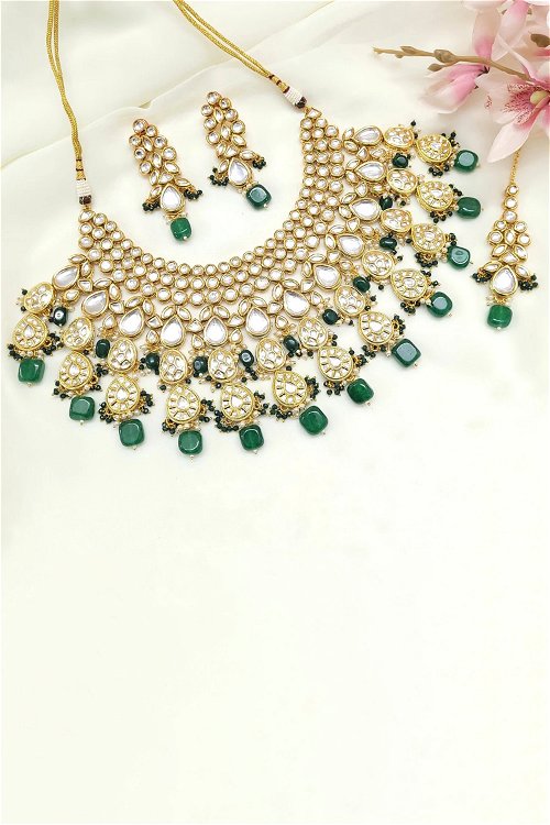Golden Kundan Necklace Set with Green Stone