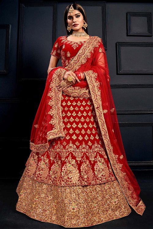Red Velvet Layered Bridal Lehenga Choli with Embroidery and Peacock Motif