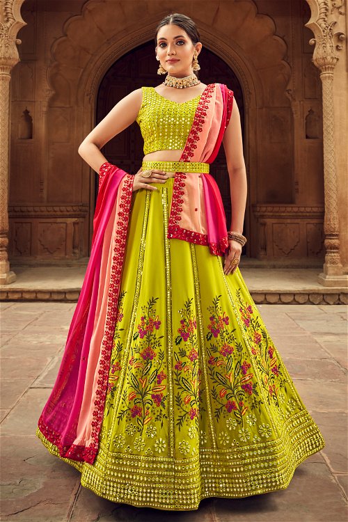 Light Green Georgette Flared Lehenga with Applique Work