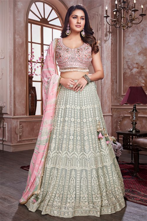 Grey Georgette Lucknowi Worked Lehenga with Mirror
