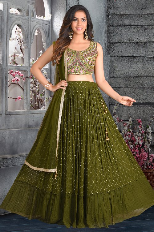 Olive Green Georgette Flared Lehenga with Sequins