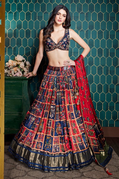 Red and Blue Crepe Silk Printed Lehenga with Animal and Flower Motifs
