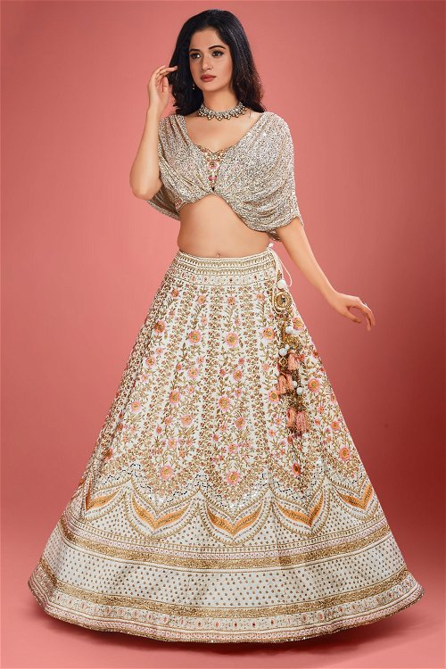 Off White Raw Silk Embroidered Embroidered Lehenga