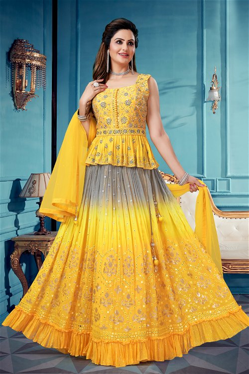 Mustard and Ash Grey Shaded Lehenga with Applique Work