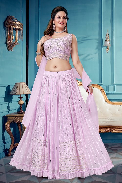 Frozen Pink Kali Lehenga Set with Embroidery Work in Georgette