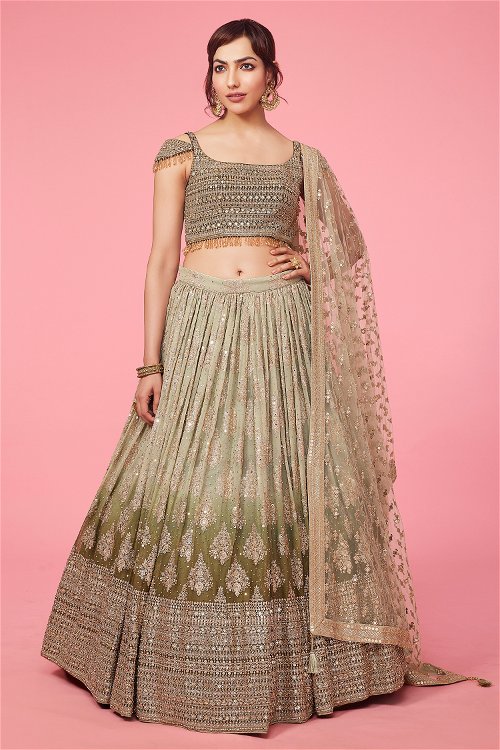 Deep Lichen Green Ombre Lehenga in Georgette Embellished with Embroidery Applique and Sequins Work
