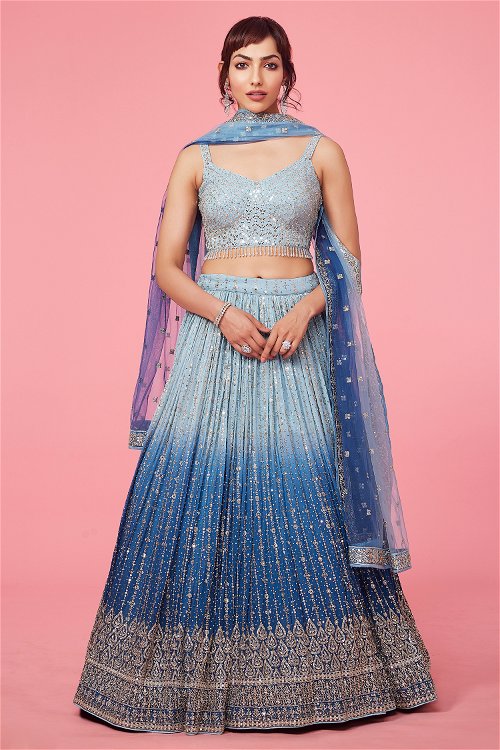 Yale Blue Ombre Lehenga in Georgette with Embroidery Sequins and Applique Work