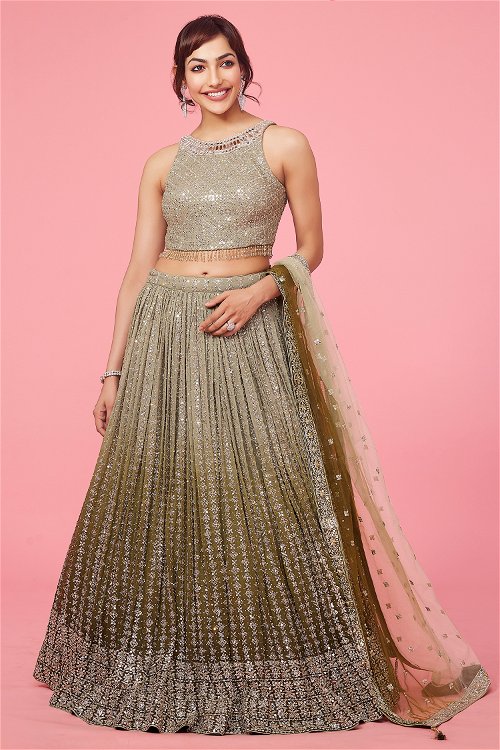Olive Green Ombre Lehenga Set in Georgette with Sequins and Applique