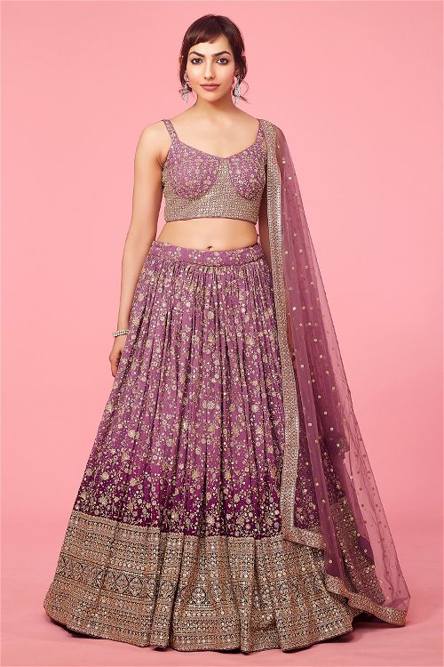 Mauve Purple Ombre Lehenga in Georgette with Heavy Border and Sequins Work