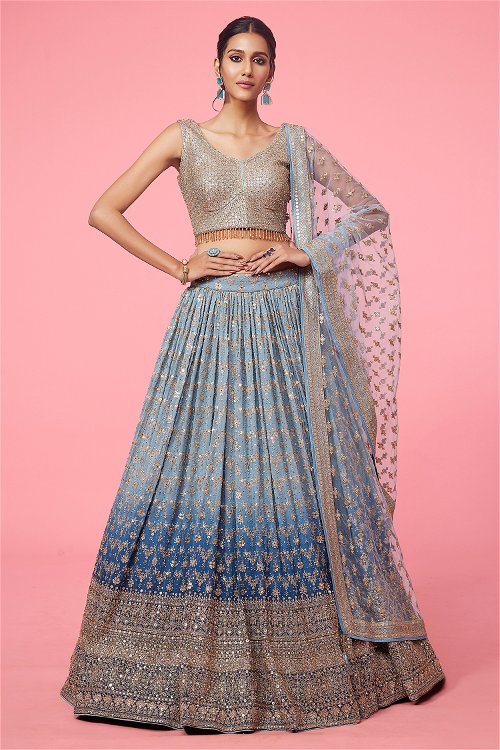 Blue Ombre Pleated Lehenga with Sequins and Embroidery in Georgette