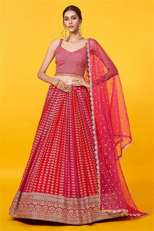 Scarlet Red and Ruby Red Flared Lehenga in Georgette Embellished with Embroidery and Sequins Work