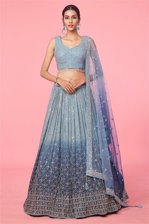 Berry Blue Ombre Sequinned Flared Lehenga in Georgette