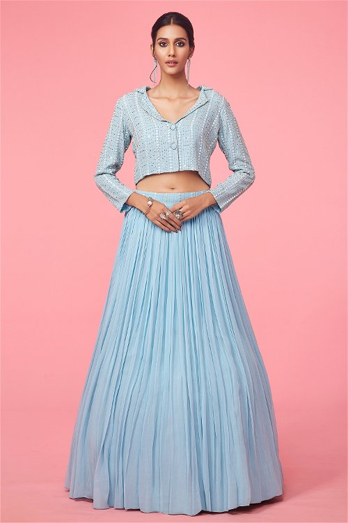Light Blue Georgette Pleated Lehenga with Sequin and Applique Work Crop Top
