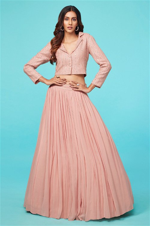 Melba Peach Pleated Lehenga in Georgette Along with Crop Top has Sequins and Applique Work