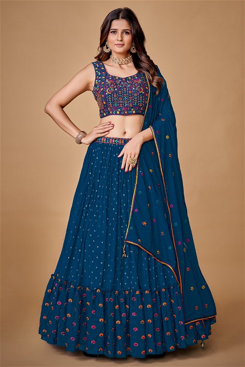Prussian Blue Lehenga with Sequins and Floral Embroidered Butti in Chiffon Silk