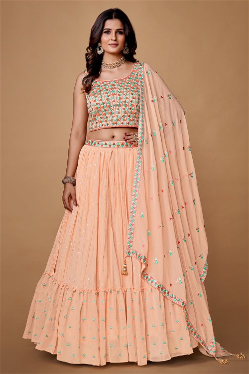 Peach Lehenga in Georgette with Sequins and Floral Embroidered Butti in Border