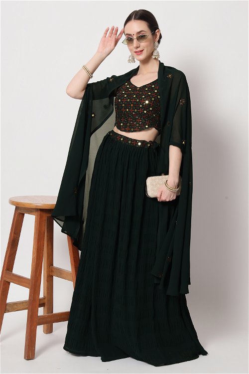 Dark Green Crush Skirt and Mirror Embroidery Work Crop Top Along with Jacket in Georgette