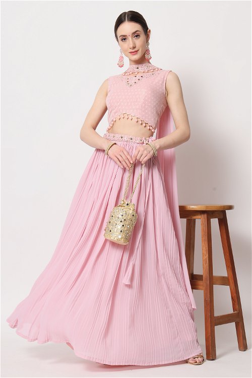 Seashell Pink Lehenga and Crop Top Set in Crush with Mirror and Pearls Tassel in Georgette