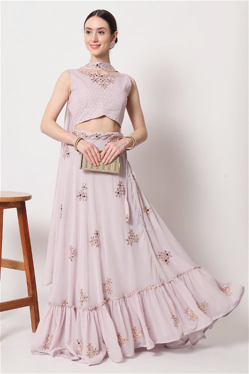 Dusty Pink Sequinned and Mirror Lehenga with Crop Top Set in Georgette