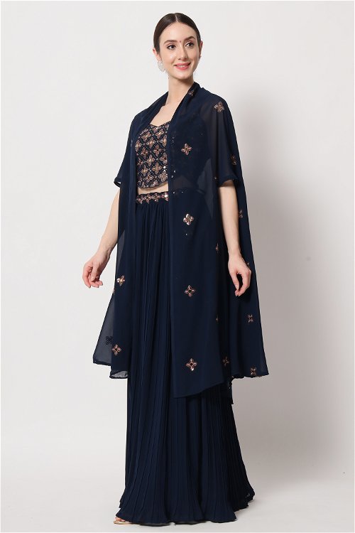 Indigo Blue Lehenga in Georgette with Crop Top and Jacket Set with Mirror and Embroidery Detailing