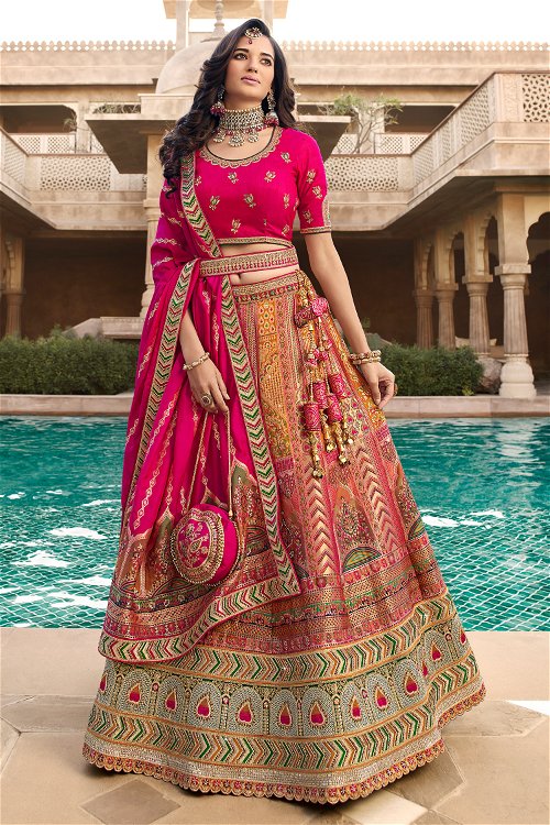 Mustard and Multi Colored Woven and Embroidered Lehenga in Banarasi Silk