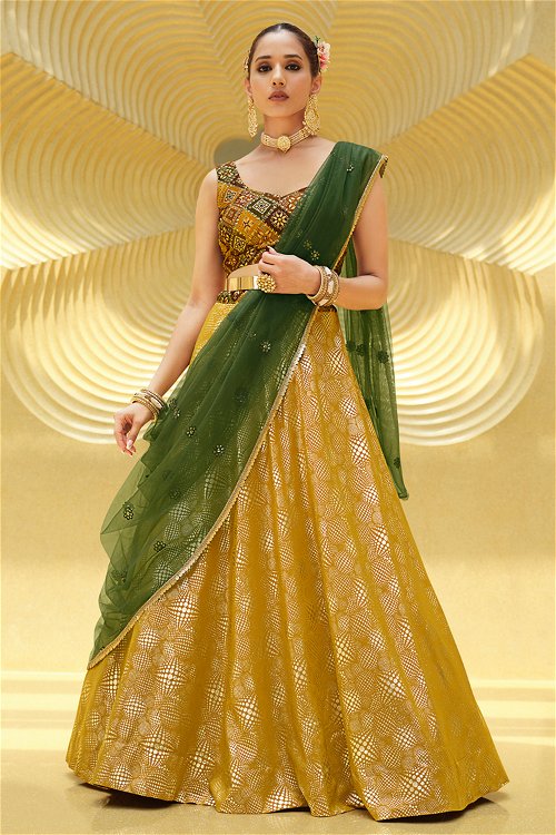 Mustard Foil Printed Lehenga in Georgette with Printed Blouse and Net Dupatta