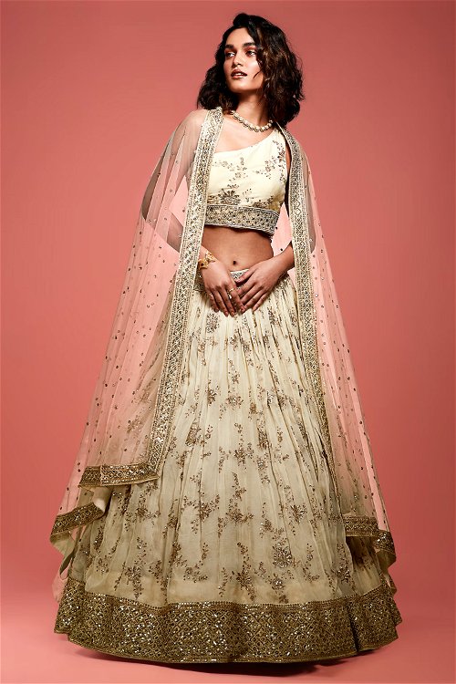 Ivory Beige Viscose Organza Pleated Lehenga with Zari Embroidery and Sequins