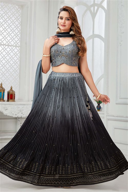 Grey and Black Heat Pleated Ombre Lehenga in Chinon with Embellished Sequin 