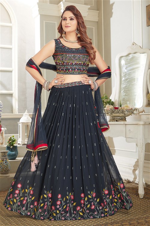 Charcoal Grey Georgette Pleated Lehenga with Floral Embroidery