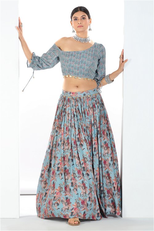 Floral Printed Lehenga in Chinon Georgette with One Side Off Shoulder Embellished Blouse