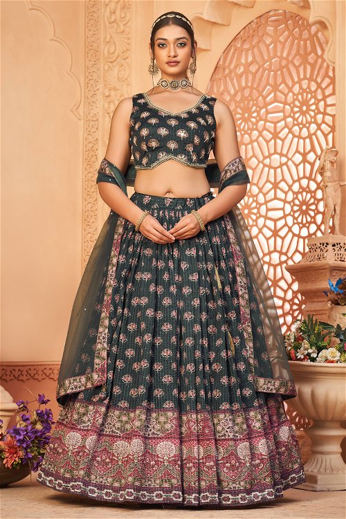 Black Pleated Lehenga in Chinon with Floral Motifs