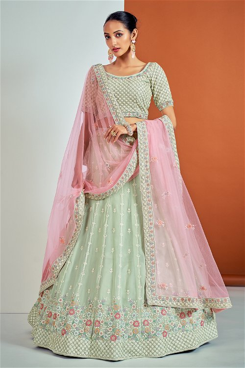 Light Green Georgette Lehenga with Floral Sequin Work