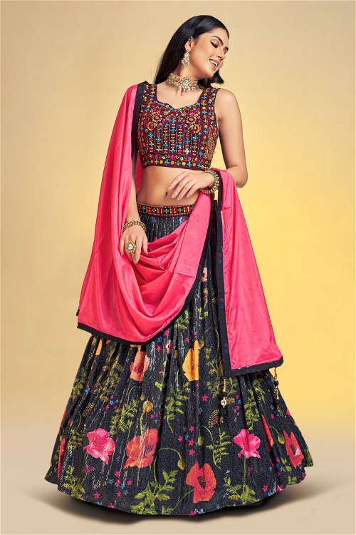 Floral Print and Sequin Work Lehenga in Chinon