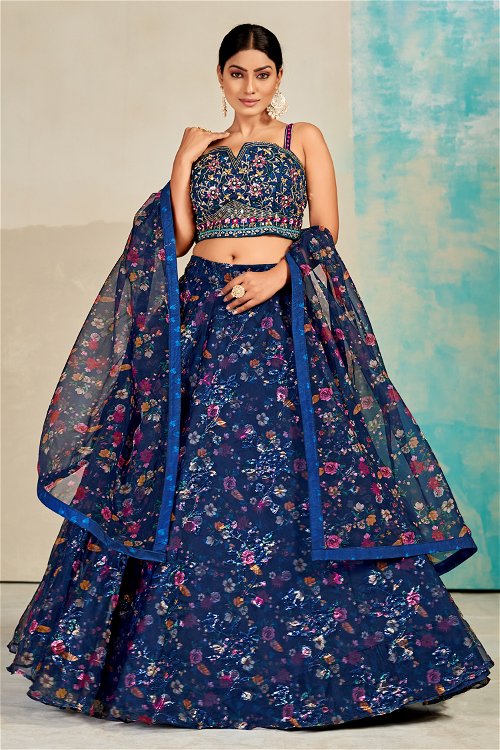 Embroidery and Digital Floral Printed Lehenga in Organza