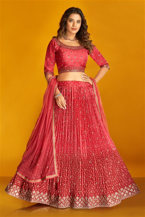 Red Pleated Bandhej Lehenga in Silk with Sequins