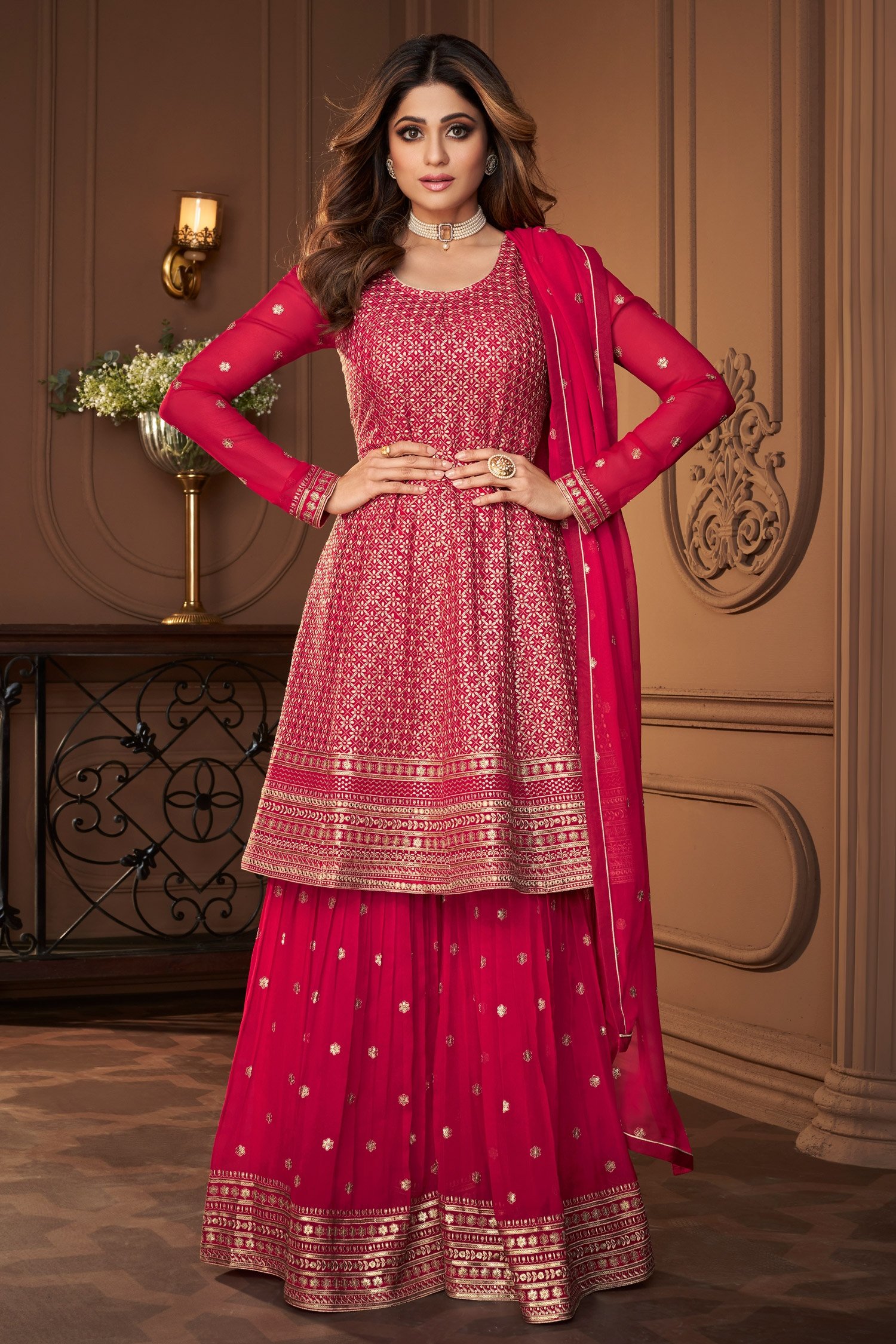 pink georgette sharara suit