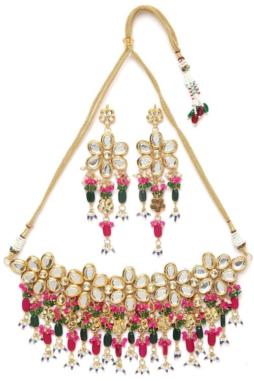 Golden Alloy Chokar Kundan Necklace Set