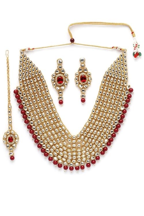 Golden Bridal Necklace Set with Kundan and Maroon Pearl