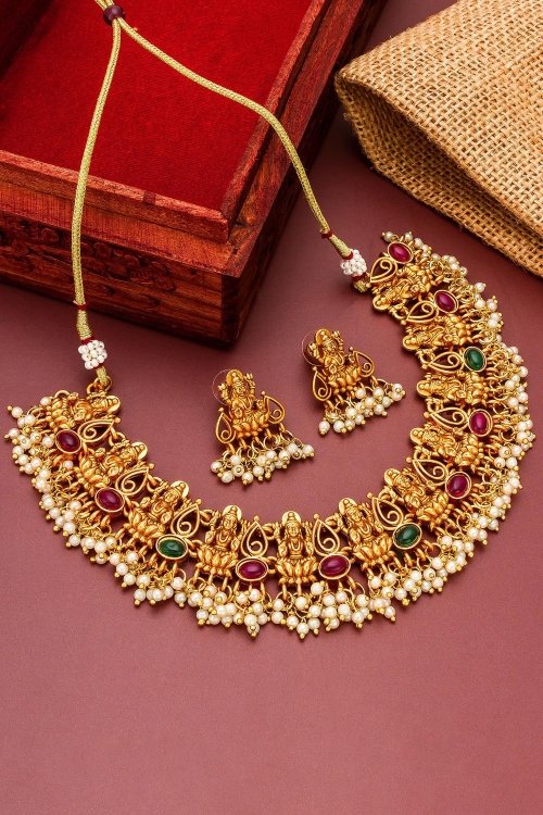 Gold Plated Necklace Set with Lakshmiji Motif