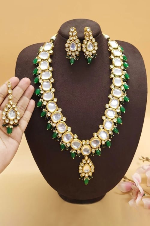 Golden Kundan Necklace Set with Green Pearls