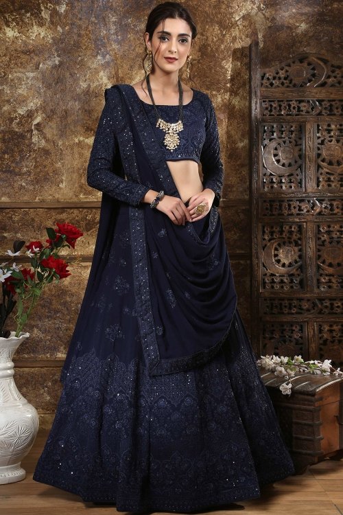 Navy Blue Georgette Lehenga Choli with Embroidery