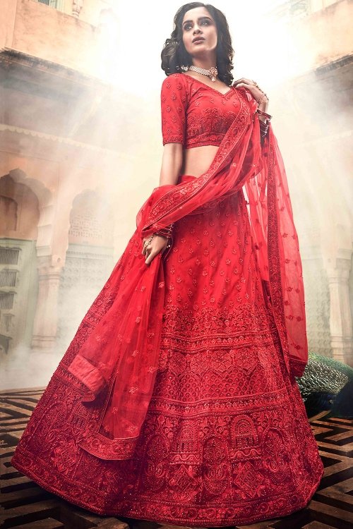 Red Net All Over Embroidered Bridal Lehenga Choli with Stone Work