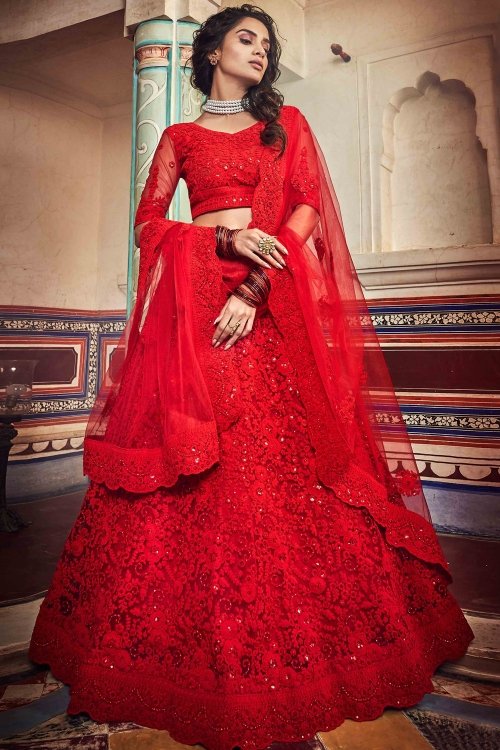 Red Net Designer Lehenga Choli with All Over Floral Embroidery and Cutwork Border