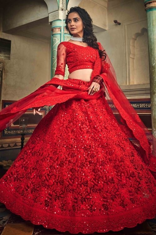 Red Net Designer Lehenga Choli with All Over Floral Embroidery and Cutwork Border