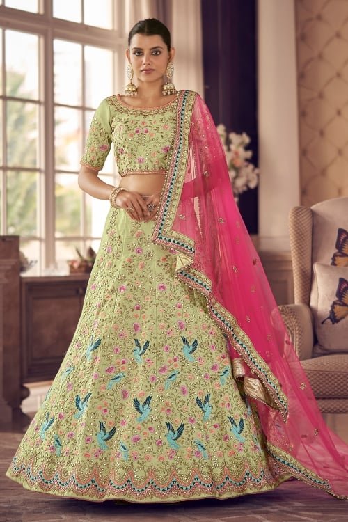 Pistachio Green Embroidered and Thread Worked Lehenga in Art Silk with Bird Motifs
