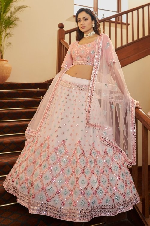 Pearl White and Pink Georgette Sequinned Lehenga