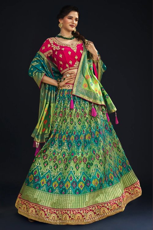 Green Banarasi Silk Heat Pleated Lehenga with Embroidered Border
