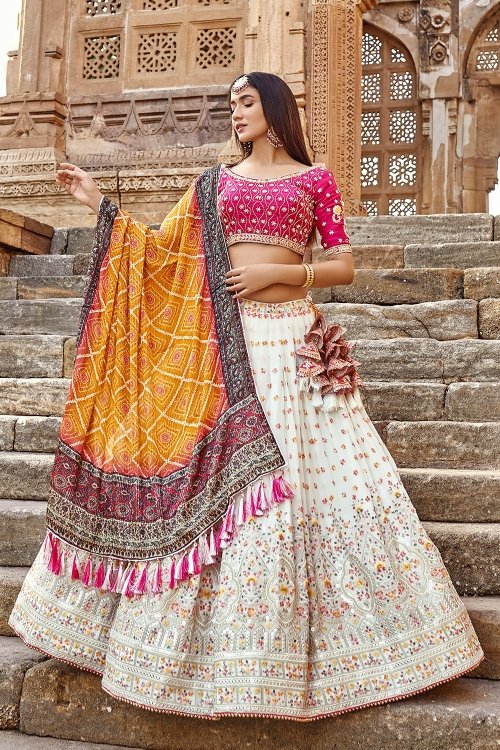 Off White Georgette Flared Embroidered Lehenga