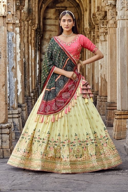 Light Yellow Georgette Flared Lehenga with Sequins Work